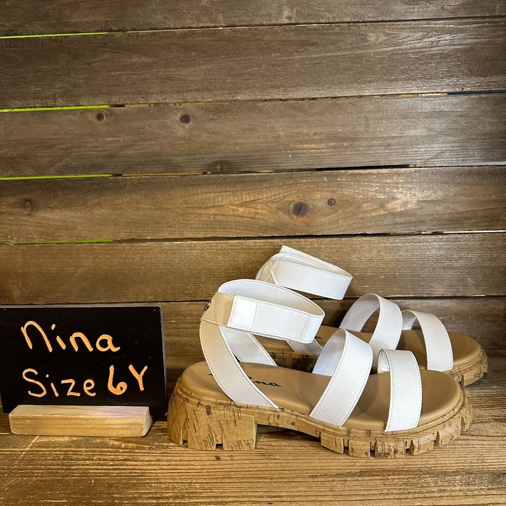New NIB Big Kids Nina Seri White Canvas Strappy Ankle‎ Strap Sandals Size 6 Y